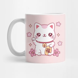 Cute Maneki Neko Japan Good Luck Cat And Flowers Mug